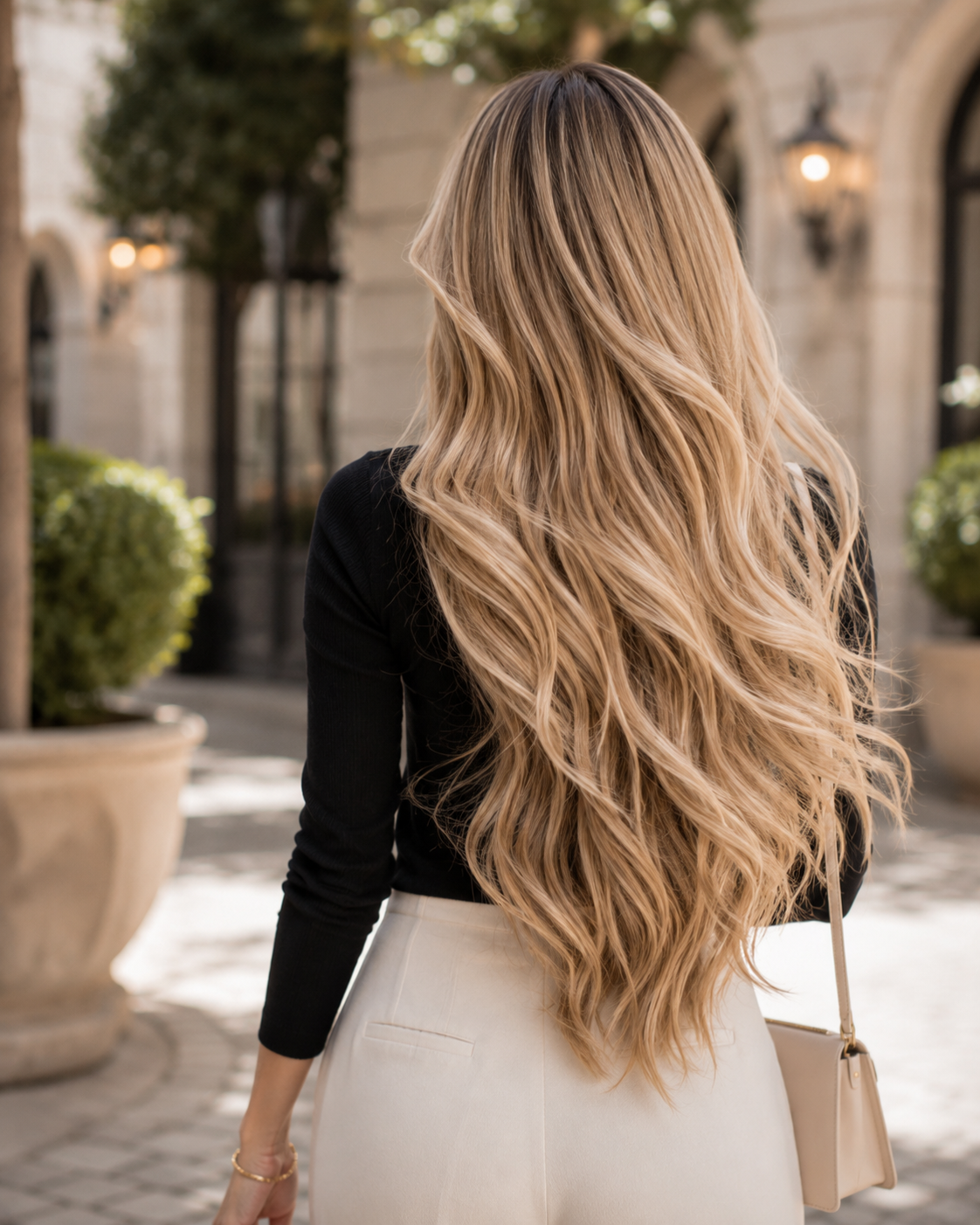 Long, flowing styled hair viewed from behind in an elegant courtyard